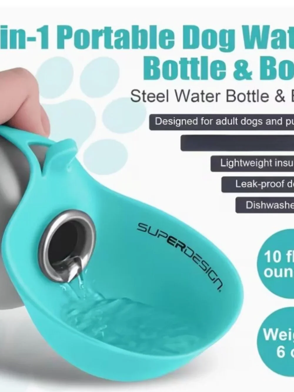 Super Design 2-in-1 Portable Dog Water Bottle Bowl 10 oz Stainless Steel NEW